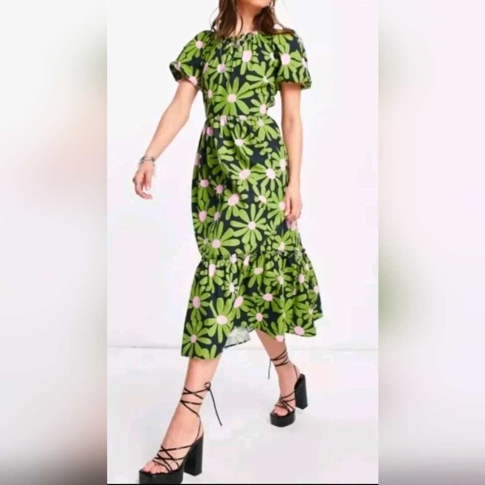 TOPSHOP Cotton Retro Daisy Print Cross Open Back Poplin Midi Dress size 4